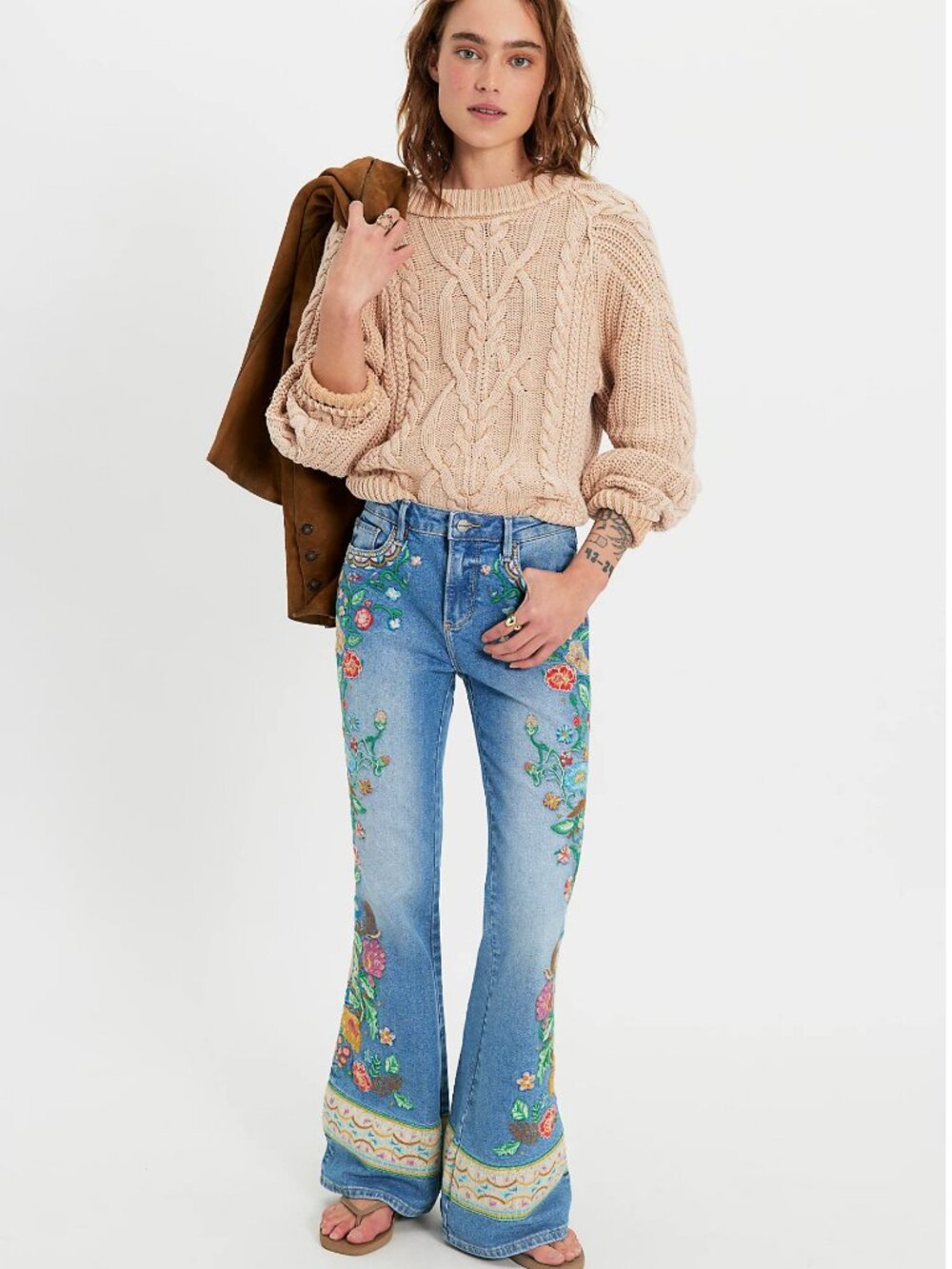 Free People x Driftwood Gardenia Farrah Embroidered Flare Jeans Size 26 | Boho F